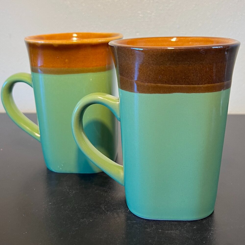 Royal Norfolk Green Mugs Set of 2 Dipped Glaze Stoneware Square Base Greenbrier